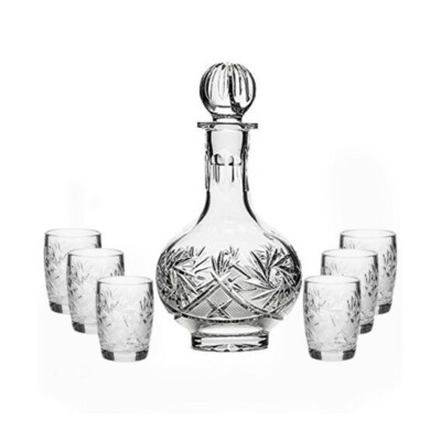 Russian Cut Crystal Glass Decanter 16 oz and Set of 6 Vodka Liqueur Shot Glasses
