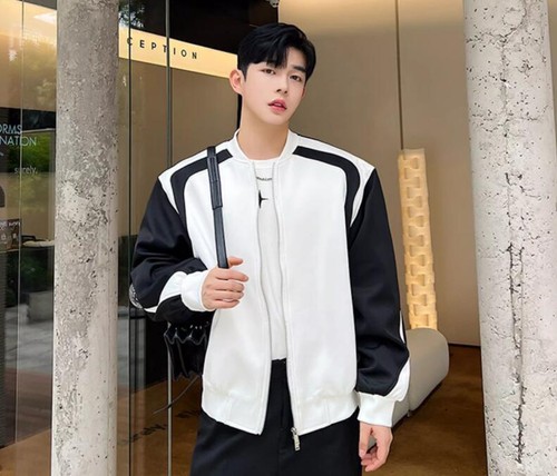 Men's Spring Fashion Stand Collar Long Sleeve Loose Color Matching Jackets Coats - Picture 8 of 27