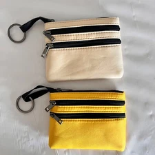 Mini Purse Canvas Three Zippers Pouch Coin Bag Card Holder Wallet Yellow