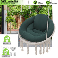 Patio Macrame Hammock Swing Chair Garden Hanging Cotton Rope Green Cushion Seat