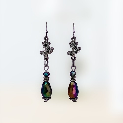 Handcrafted IRRIDESCENT BEADS SILVERTONE FLOWERS Double-Sided Dangle Earrings - Picture 2 of 23