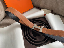 Cintura Hermes 32 mm marrone Togo e scatola nera pelle 95 cm argento fibbia ad H