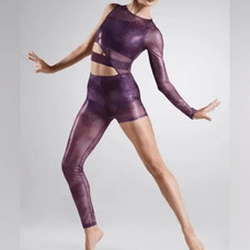 WEISSMAN Elite Dance Costume purple Asymmetrical Foil Mesh Unitard NV11767 MC
