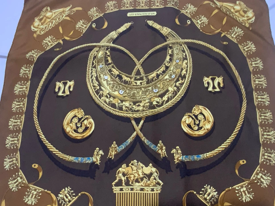 HERMES "Les Cavalier D’or " X Raybal Hand-Rolled 100% Silk Brown & Gold PVGC - Image 2 of 4