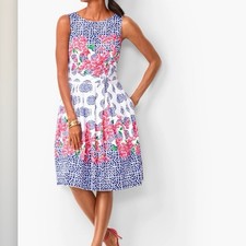 Talbots Mosaic Blue Red Floral Sateen Sleeveless Flare Dress Pockets Size 10