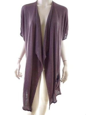 WRAP Damen Langer Offener Cardigan Gr. 42 Lila Leinen 100% Leichter Strick