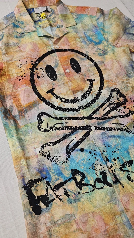 ASOS Design x Fat Boy Slim Pastel Short Sleeve Button Down Smiley Face Shirt XS - Image 2 of 4