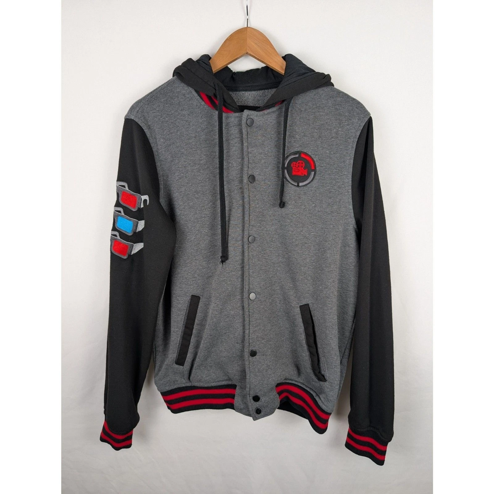 Game Theory Theory Wear Mens L Grey Black Snap Button Varsity Hoodie Sweatshirt image 1