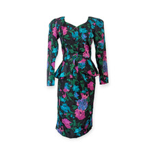 80s Satin Jacquard Floral Peplum Skirt Suit