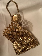 Vintage Shiny Reflective Gold Mesh Hand Bag Purse Expandable Hinged Top Cover