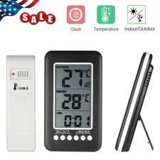 Digital Thermometer Indoor Outdoor Wireless LCD Clock Temperature Transmitter US