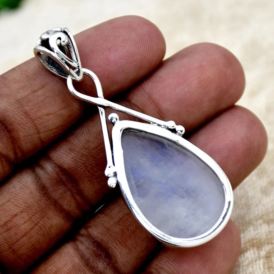 Colgante hecho a mano de plata de ley 925 con piedras preciosas de luna arco iris fino B-218 Foto 2 de 4