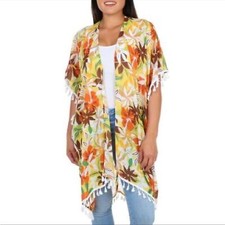 Room Mates Tropical Flower Print Kimono medium cardigan short sleeve hem tassel