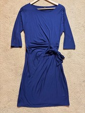 Ann Taylor Navy Blue Faux Wrap Boat Wide Neck Tie Front 3/4 Sleeve Shirt Dress S