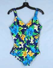 Vtg GABAR II SWIMWEAR Blue FLORAL Ruched BUILT-IN BRA 1pc SWIMSUIT Sz 40 (US L)