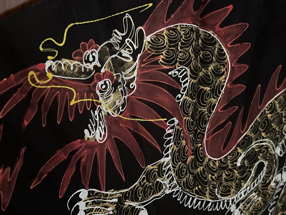 Folding Fan Dragon Hand Painted Fabric Wall Decor Artist Signed “CALVO