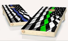 American Flag Thin Blue Green Line Cornhole Board Vinyl Wrap Laminated Set