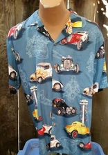 Vtg Paradise Found Hawaiian Shirt  Hotrods Muscle Cars Mens medium Made in USA
