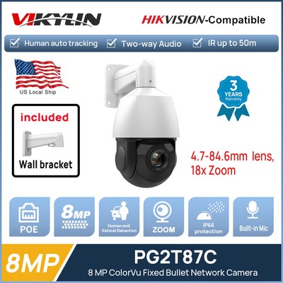 Hikvision Compatible 4K 8MP 18X Zoom PTZ Camera Auto Tracking IR POE 2-Way Audio