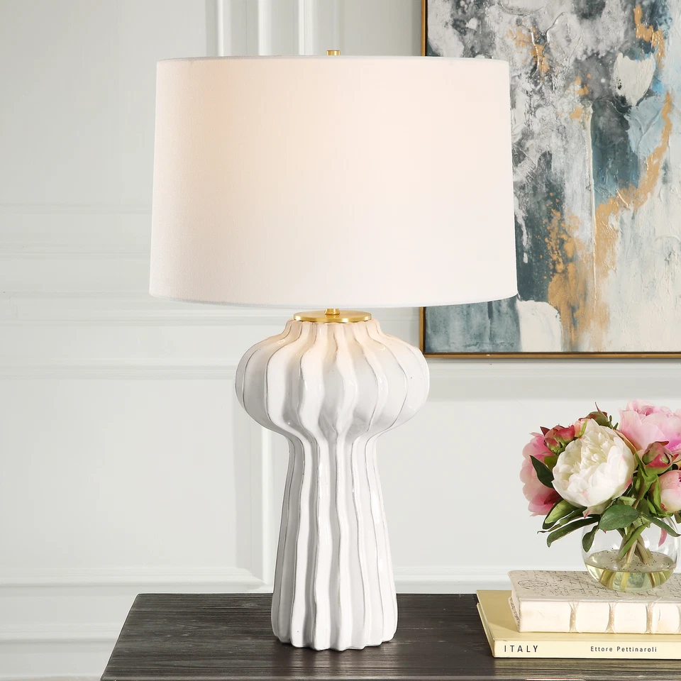 Organic Shape Off White Ribbed Table Lamp 28 in Modern Botanical Ceramic Ridged - Image 2 of 4