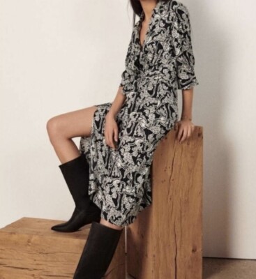 BA&SH NEW IMY Printed 3/4 Sleeve V-Neck Wrap Midi Dress Size 0 US 2/XS