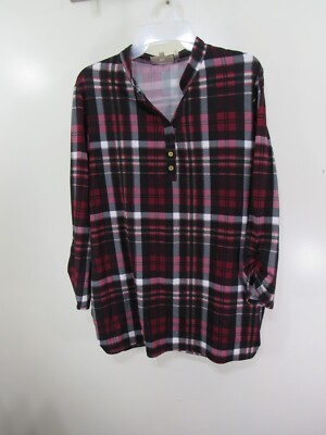 Cupcake Cafe Maternity Top Size L Red Plaid Long Sleeve V Neck Side Elastics