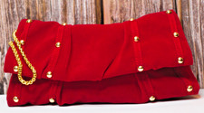 Vintage Red Velvet Wristlet Gold Studs Chain Snap Closure Retro Evening Purse