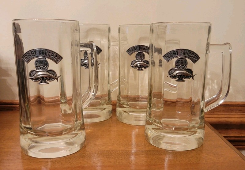 Tommy Bahama Marlin Club Beer Mugs, Set Of 4 , 7" tall  heavy glass 
