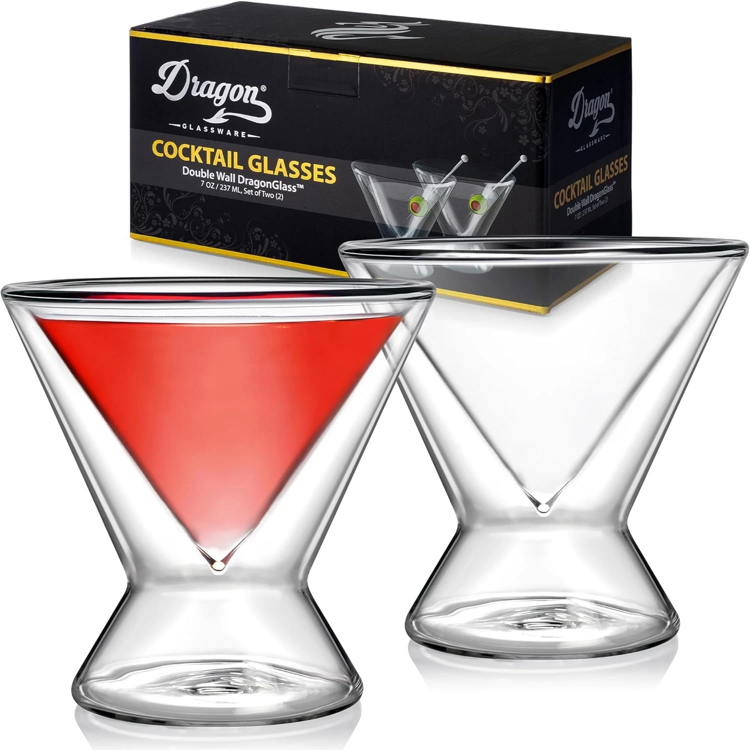 Dragon Glassware Stemless Martini Glasses - 7 Oz Clear Set of 2 - Double Wall In