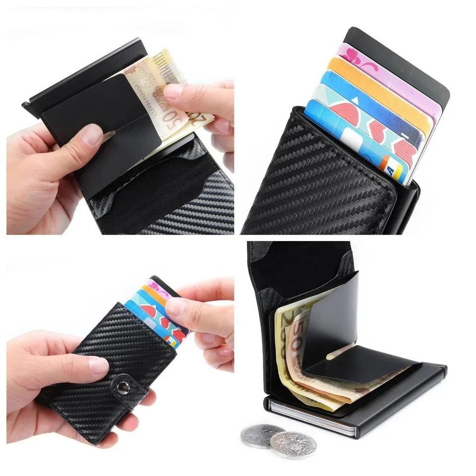 RFID Blocking Wallet Auto Pop up Credit Card Holder Leather Metal Money Clip Men - Image 4 of 4