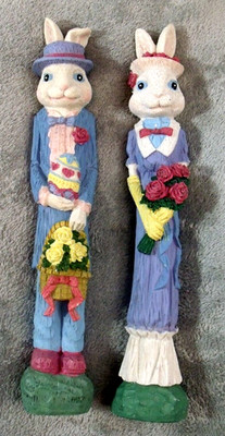 Pencil Bunnies 12 in Resin Figure Easter Decoration Mr. & Mrs. Bunny Man Woman