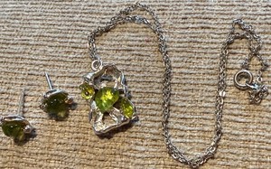 Brutalist Sterling Silver Set Of Necklace And Earrings With Peridot Gemstones