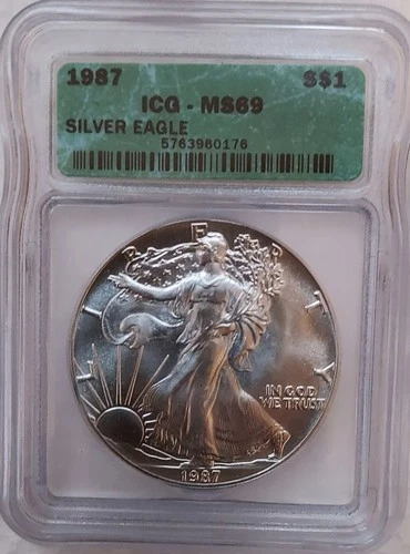 1987  American Silver Eagle MS69 ICG green label 1 oz .999 Fine Silver Dollar