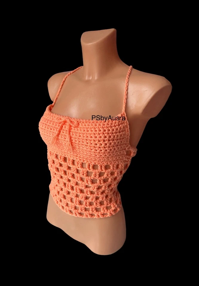 womans crochet top handmade summer open back PSbyAusra orange - Image 4 of 4