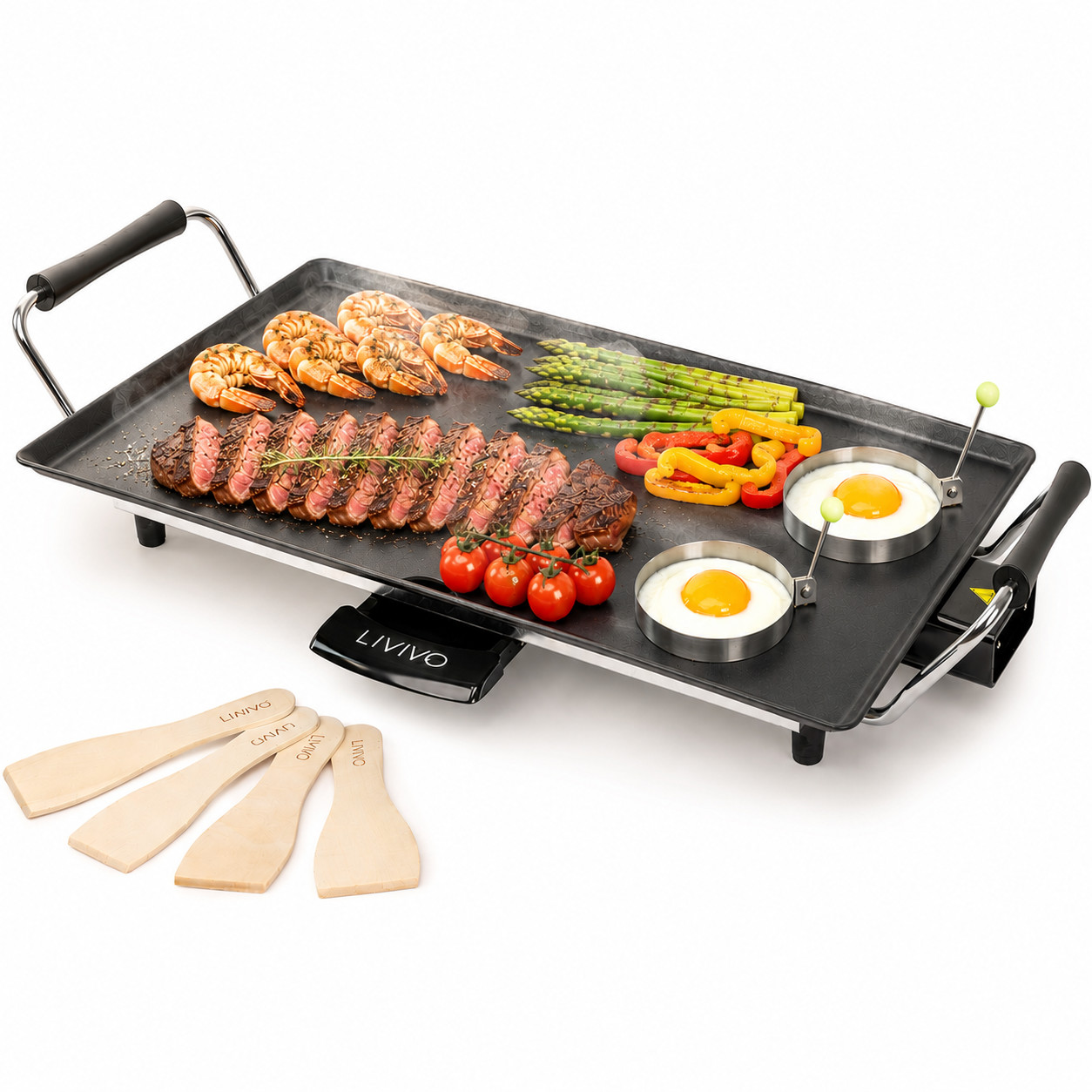 LIVIVO Elektro Teppanyaki Grill groß 2000W Antihaft Grillplatte mit Spateln Tra