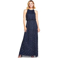Adrianna Papell Navy Blue Sleeveless Blouson Beaded Cocktail Formal Gown Size 6