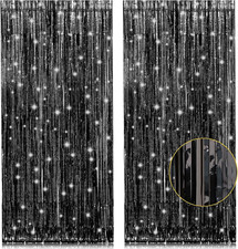 2 Pack 3.2Ft X 8.2Ft Black Tinsel Foil Fringe Curtains, Metallic Foil Tinsel Pho