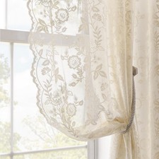Beige Lace Curtains 45 Inch Length for Kitchen Window 2 Panels Set Rustic Lea...