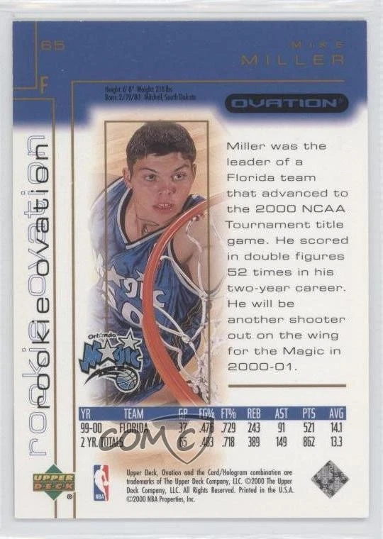 2000-01 Upper Deck Ovation Rookie Ovation /2000 Mike Miller #65 Rookie RC - Image 2 of 2