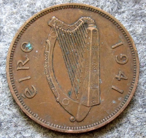 IRELAND 1941 1 PINGIN - PENNY, HEN WITH CHICKS & Gaelic Harp, Bronze km# 11 - Picture 6 of 6