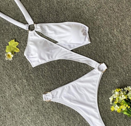 Fashion Women One-piece Hollow Out Bikini Solid Color Sexy Swimwear Hang Bandage - Picture 11 of 12