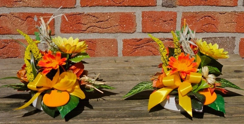 Gesteck 2 x Seide Gelb Orange Kunstblumen Sonnenblume Gerbera rund 25 cm Herbst - Bild 4 von 4