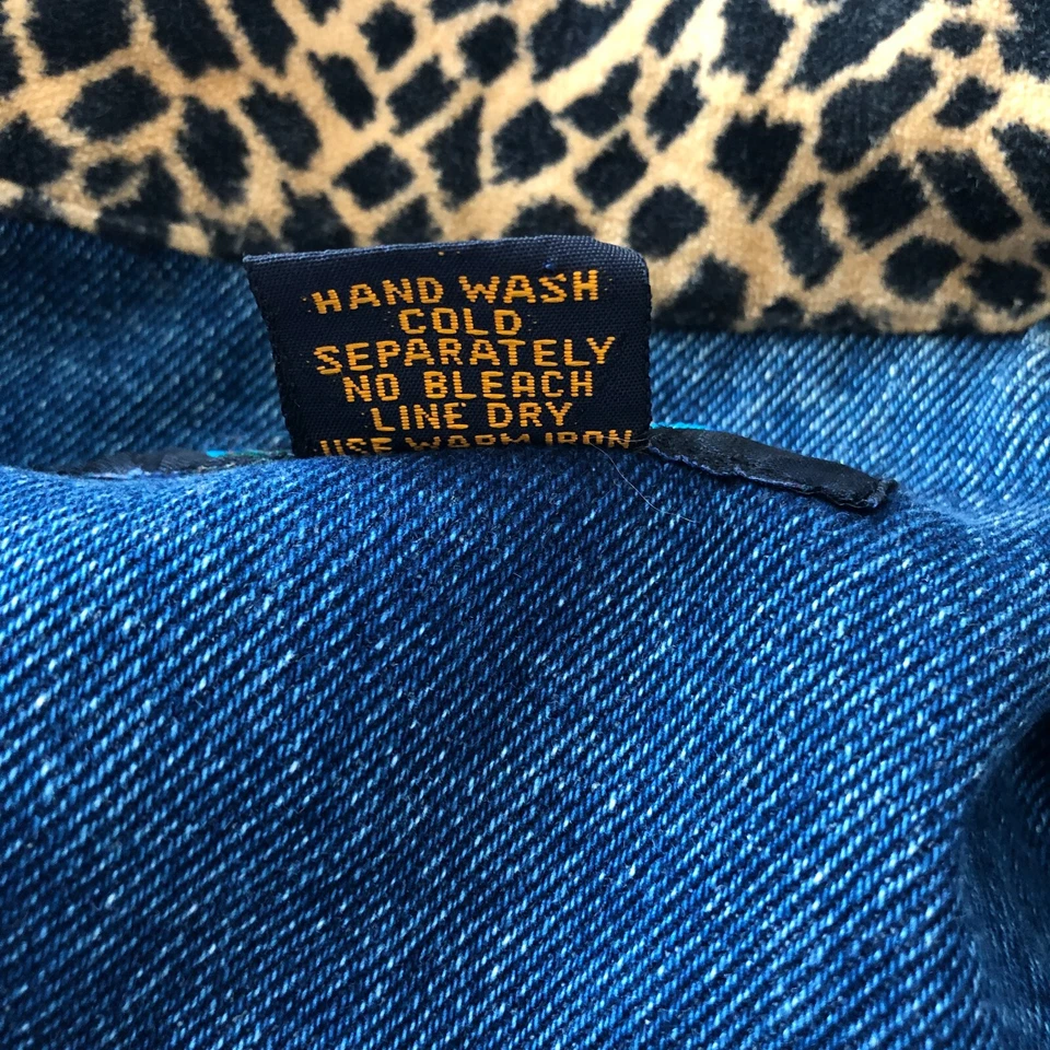 Shaver Lake Denim Jacket Womens Medium Leopard Cheetah Velvet Boho Patchwork - Image 4 of 4