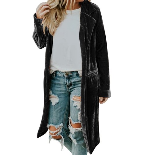 Women Casual Lapel Outwear Velvet Duster Cardigan Draped Open Front Trench Coat - Bild 6 von 12