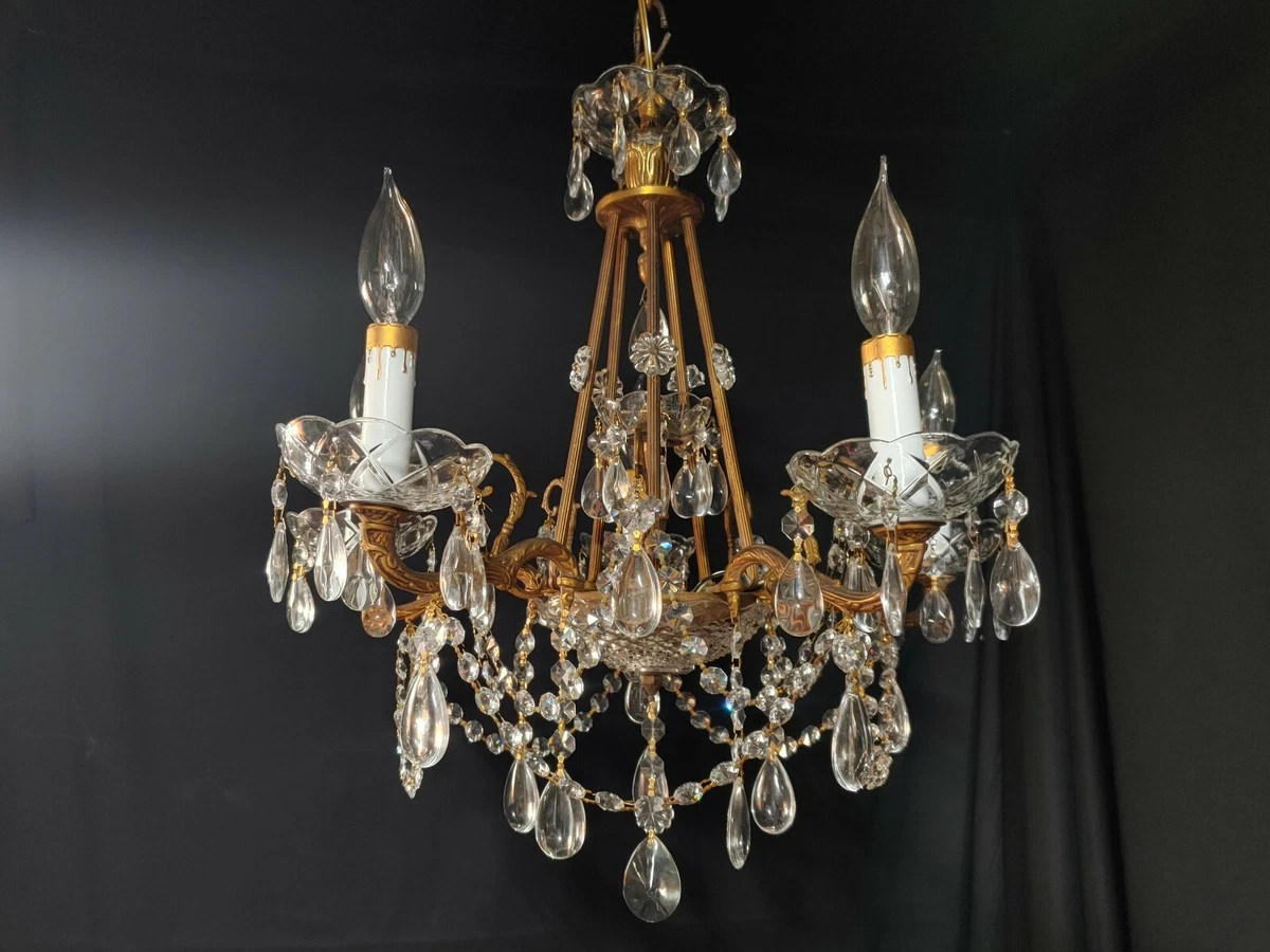 Antique Brass 5 Lights petite crystal Chandelier with cherub