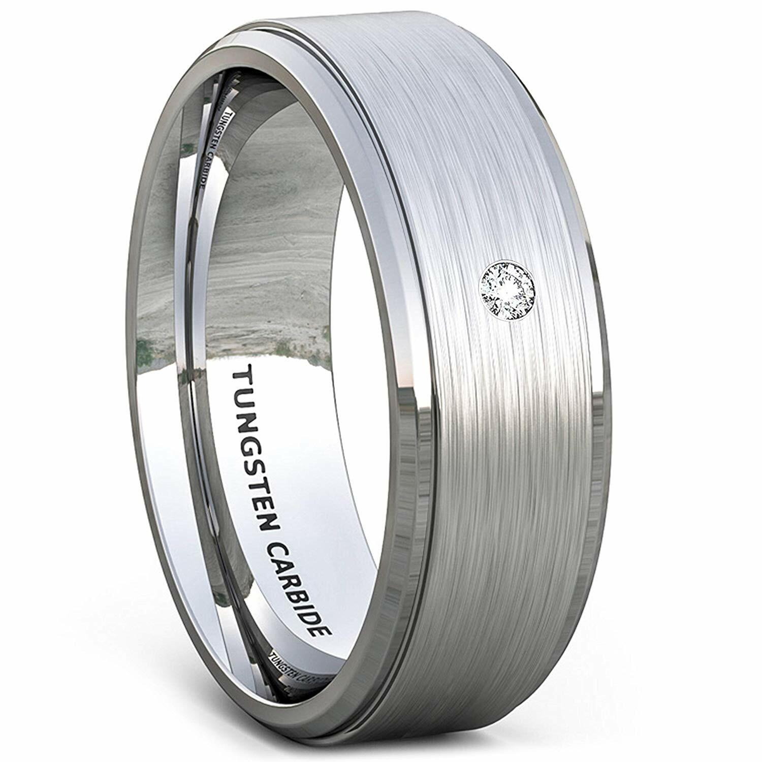 Mens Jewelry Tungsten Ring Brilliant Solitare Stone Brushed Wedding Bands Gift