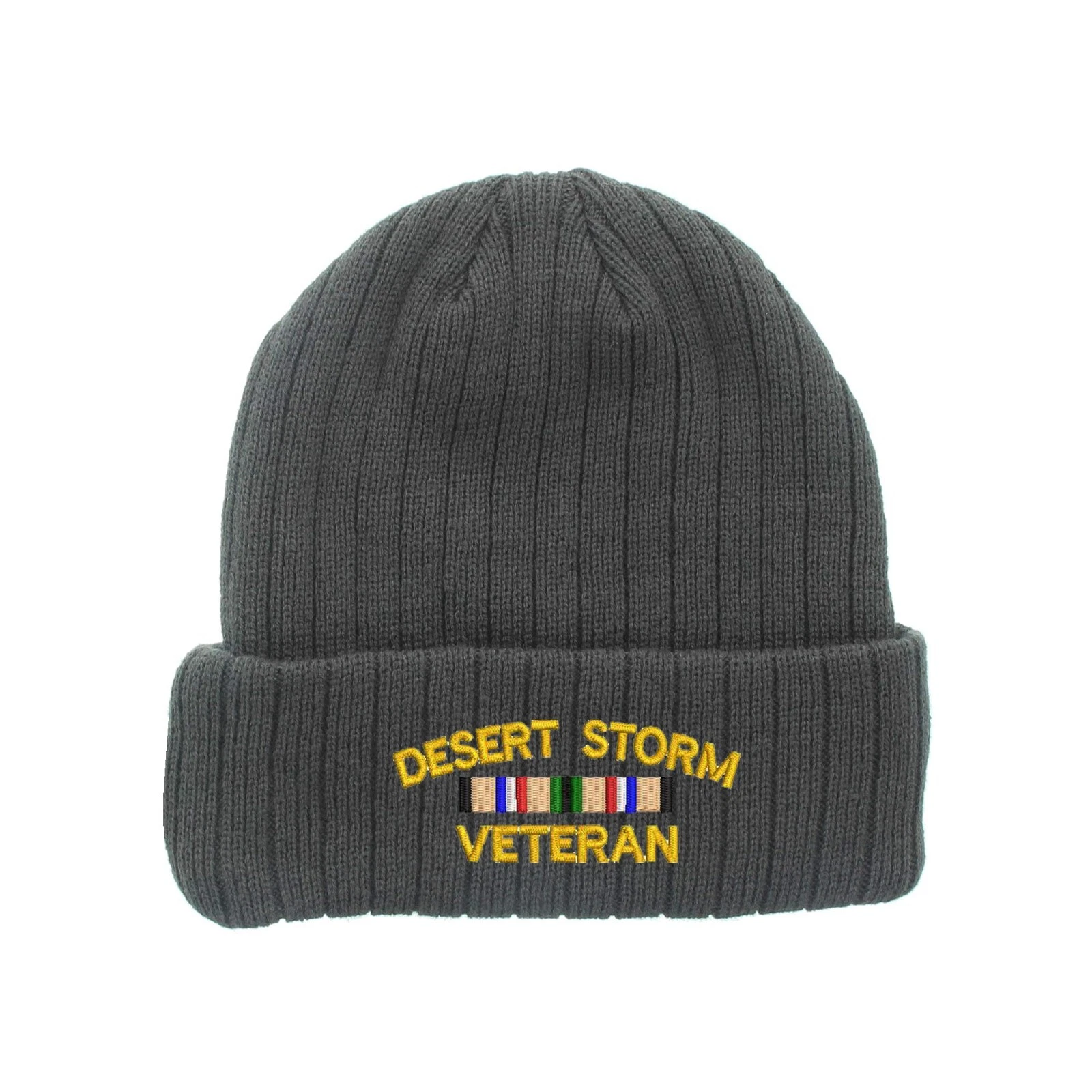 Desert storm veteran embroidered fleece beanie hat, insulated winter beanie hat