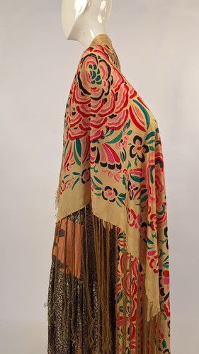 FLAPPER 1920’S RICH CABBAGE ROSE PRINT THIN SILK SHAWL W FRINGE - Picture 11 of 12