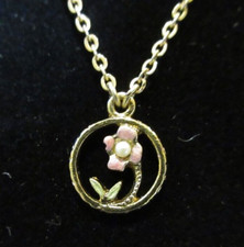VINTAGE 1928 Signed Necklace Pendant Choker Pink Flower w/ Faux Pearl - 15"