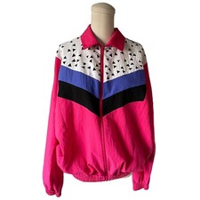 Vintage 80s 90s USA Sport Club Bright Pink Windbreaker Stripe Geo Jacket Size L